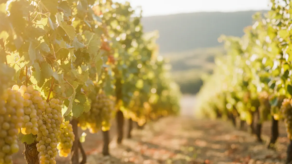 Ripe Albariño grapes hanging on vines in a sunlit hillside vineyard