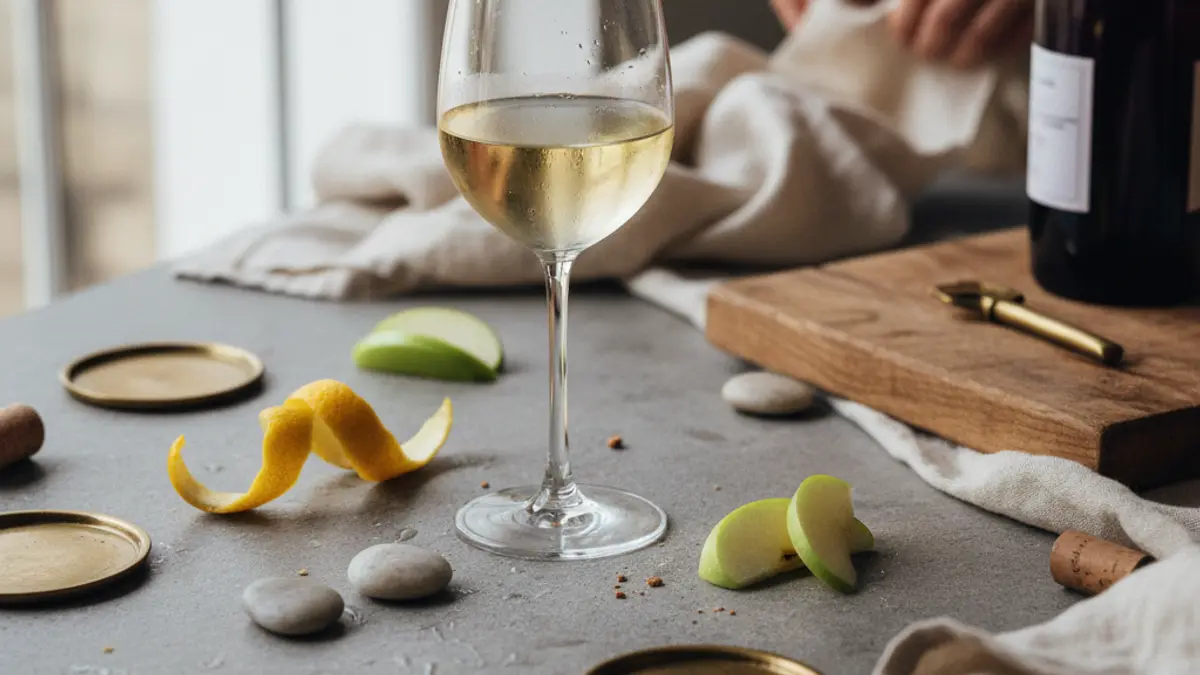 Pale Albariño beside lemon, green apple, and wet stones
