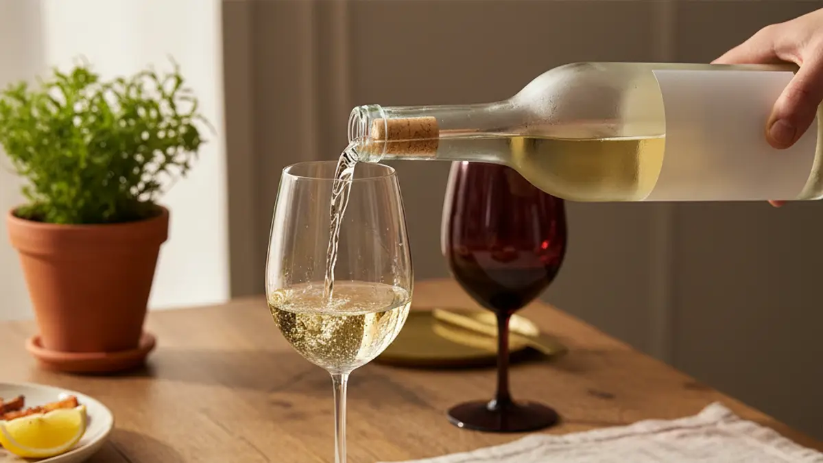 Albariño poured beside grilled prawns, lemon, and parsley