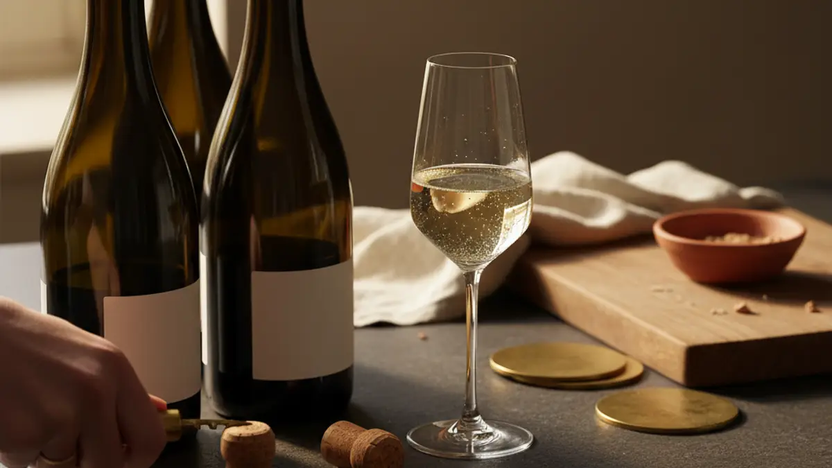 Three budget Champagne bottles, a tulip glass, corks, and a pale tasting pour