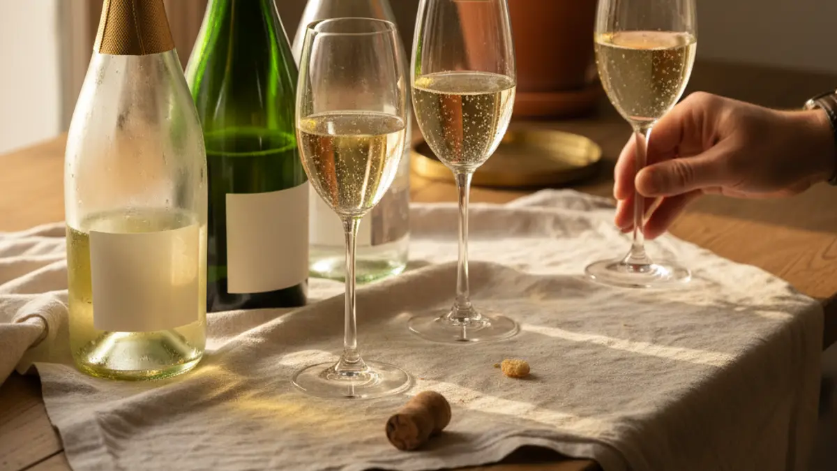 Traditional-method sparkling wine, Cava, Prosecco, and three filled glasses