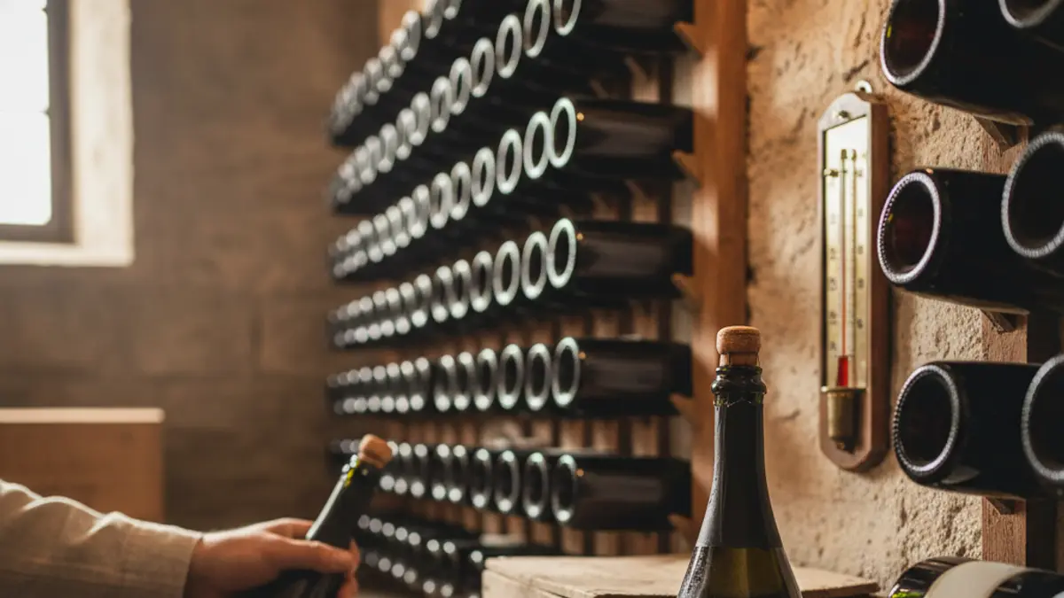 Sparkling wine bottles stored horizontally in a cool wooden cellar rack