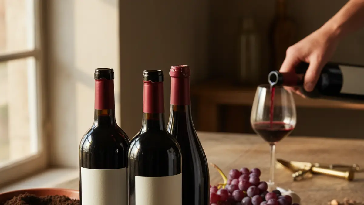 Unlabeled red wine bottles beside grapes, soil, and a rustic stone surface
