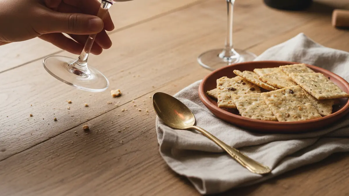 Hand swirling red wine beside a second glass and tasting crackers