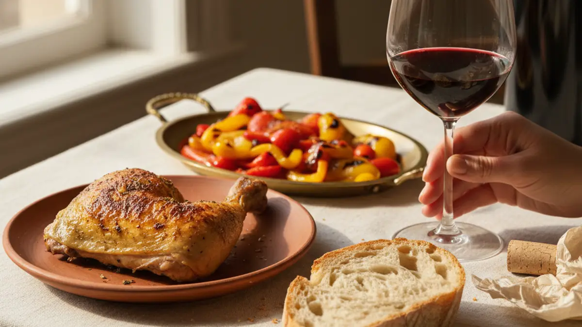 Red wine beside roast chicken, grilled peppers, and crusty bread