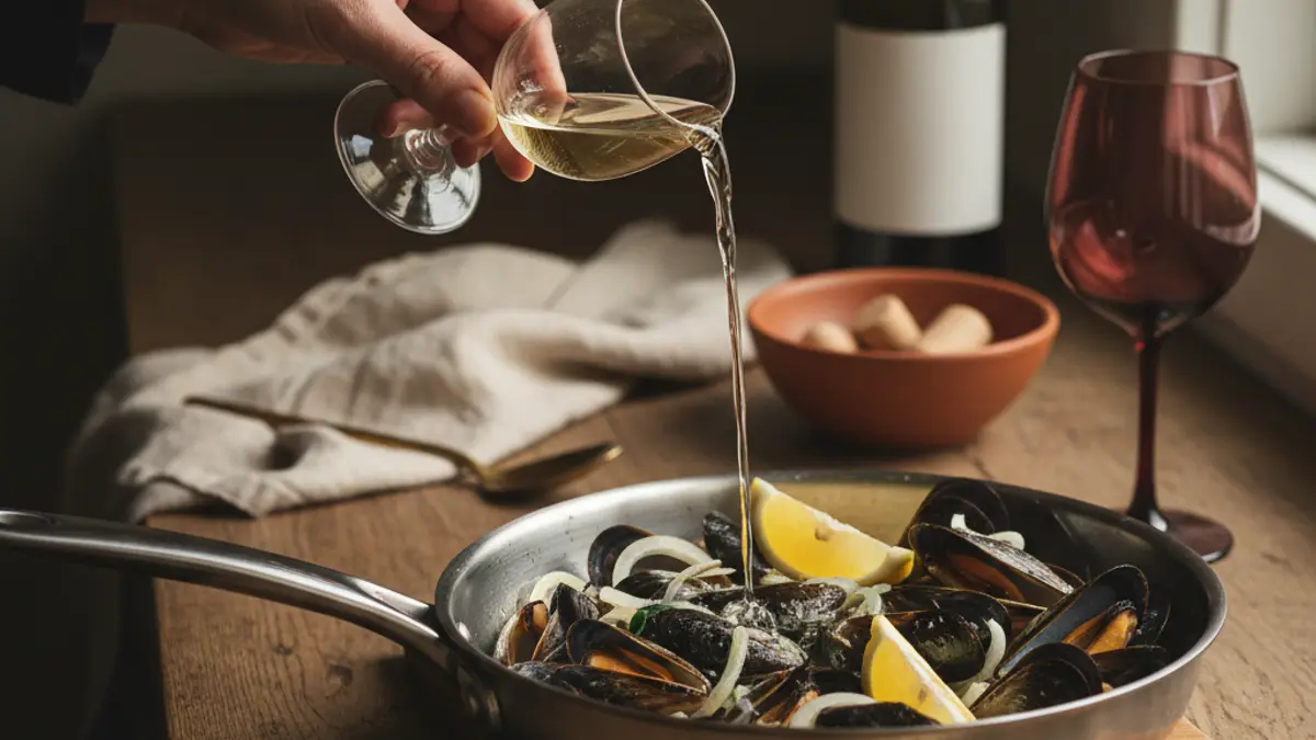 Hand pouring white wine into a sauté pan of mussels and shallots