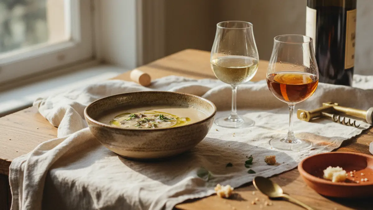 Mushroom soup beside pale fino and amber amontillado in small glasses