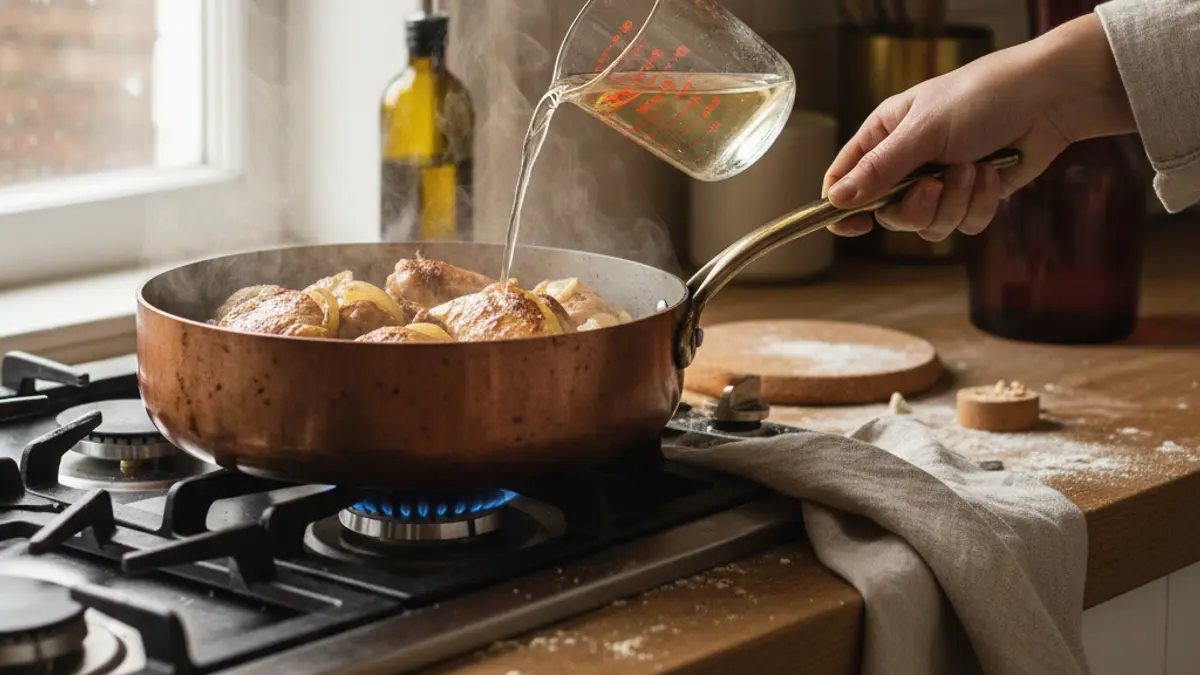 Hand adding measured white wine to a steaming pan of browned chicken