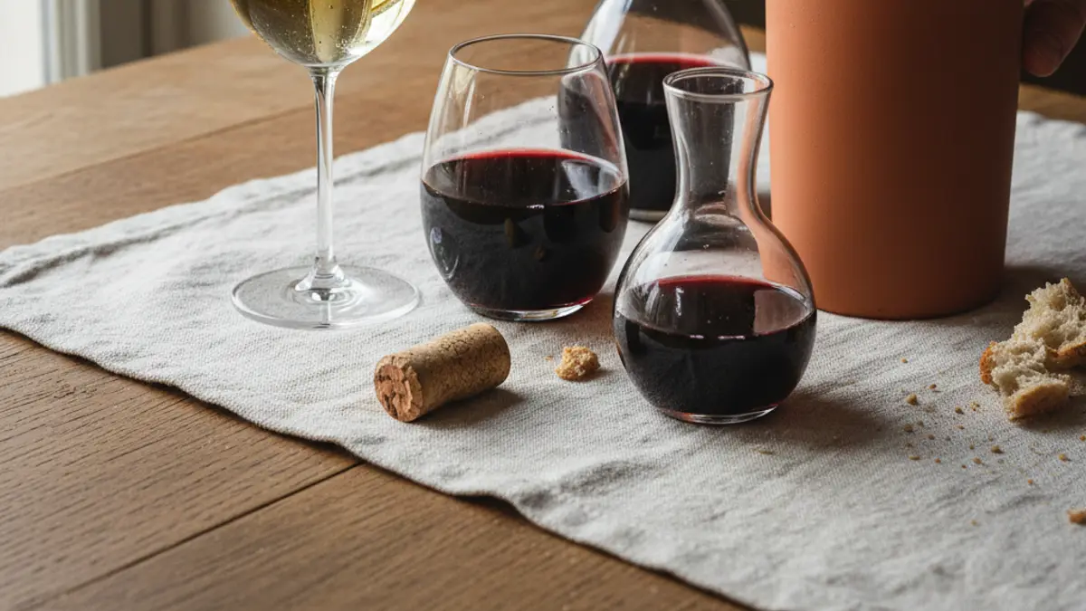 Two wine glasses and carafes sit on a linen serving table