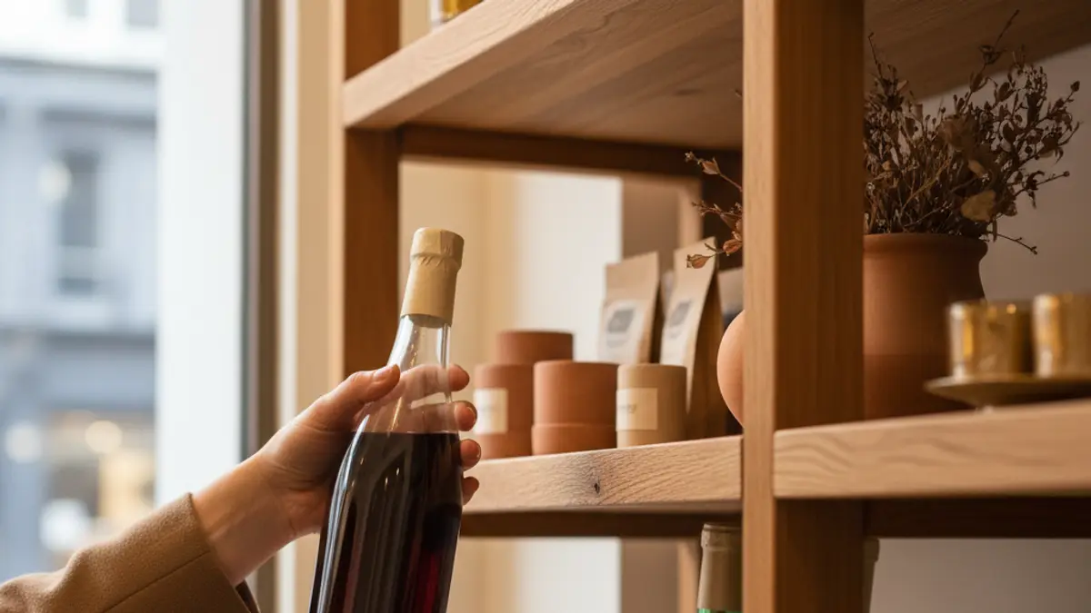 A hand selects an unlabelled wine bottle from a wooden shelf