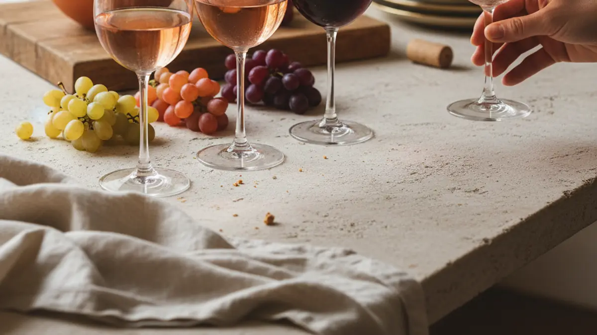 Four glasses display pale, deep, and sparkling rosé beside grapes