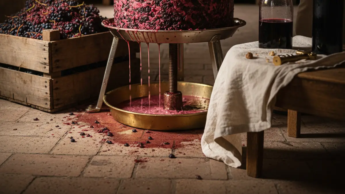 Pink grape juice drips from a press beside crushed red grapes