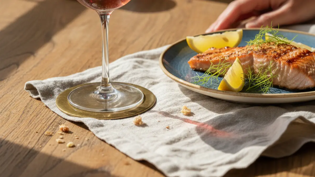 Dry rosé accompanies grilled salmon, lemon, and fennel on linen