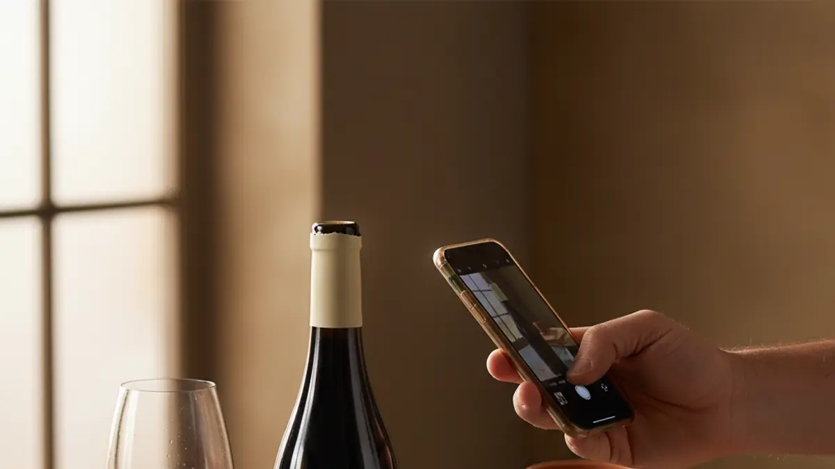 Hand aiming a smartphone at an upright wine bottle beside a corkscrew and tasting glass.