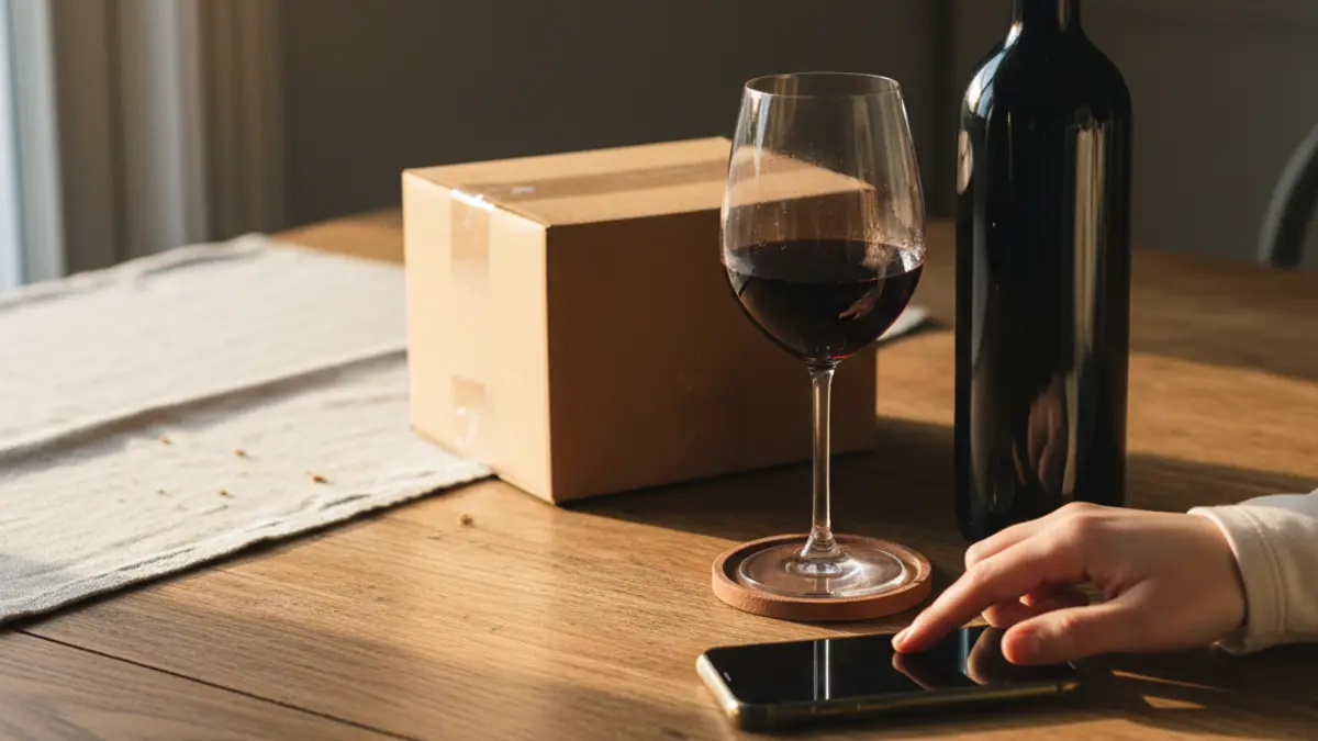 Hand using a smartphone beside wine, a glass, and a plain shipping box.