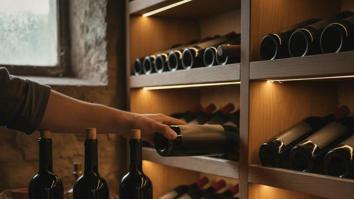 Hand placing a bottle in a cellar rack beside a notebook and smartphone.