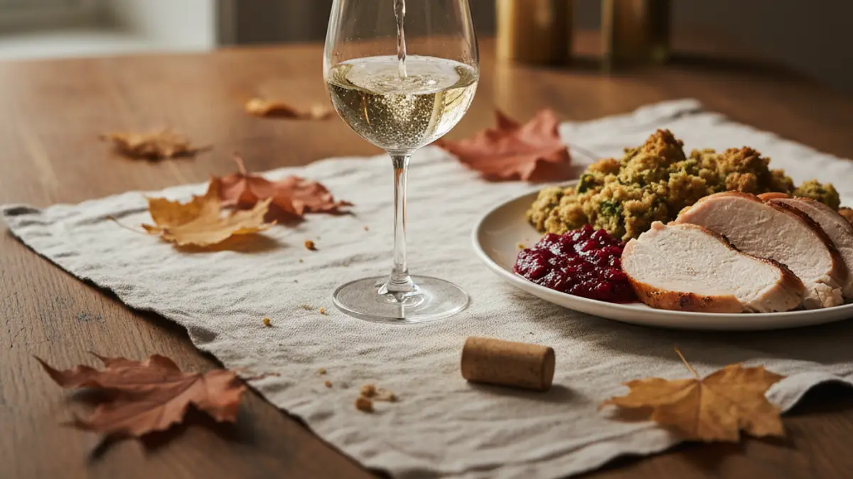 Hand pouring white wine beside turkey, stuffing, and cranberry sauce