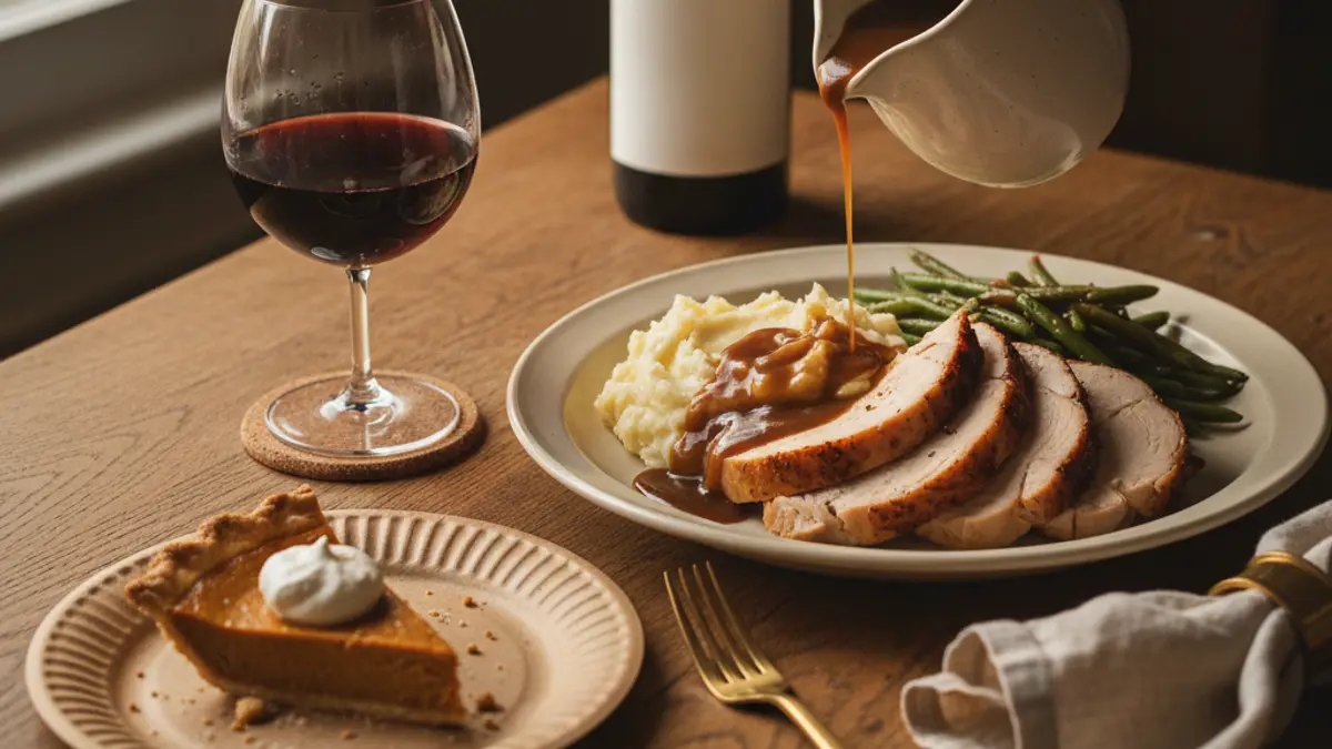 Thanksgiving dinner plate beside light red wine and pumpkin pie