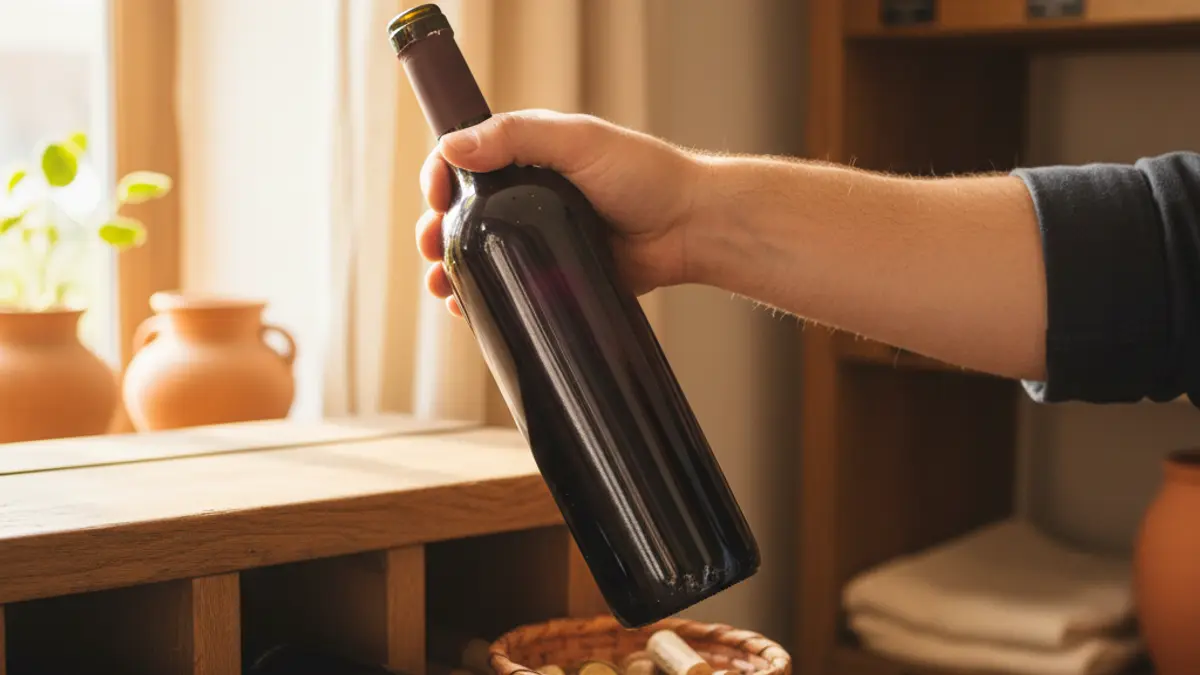 Hand selecting an unmarked wine bottle beside coins in a shop
