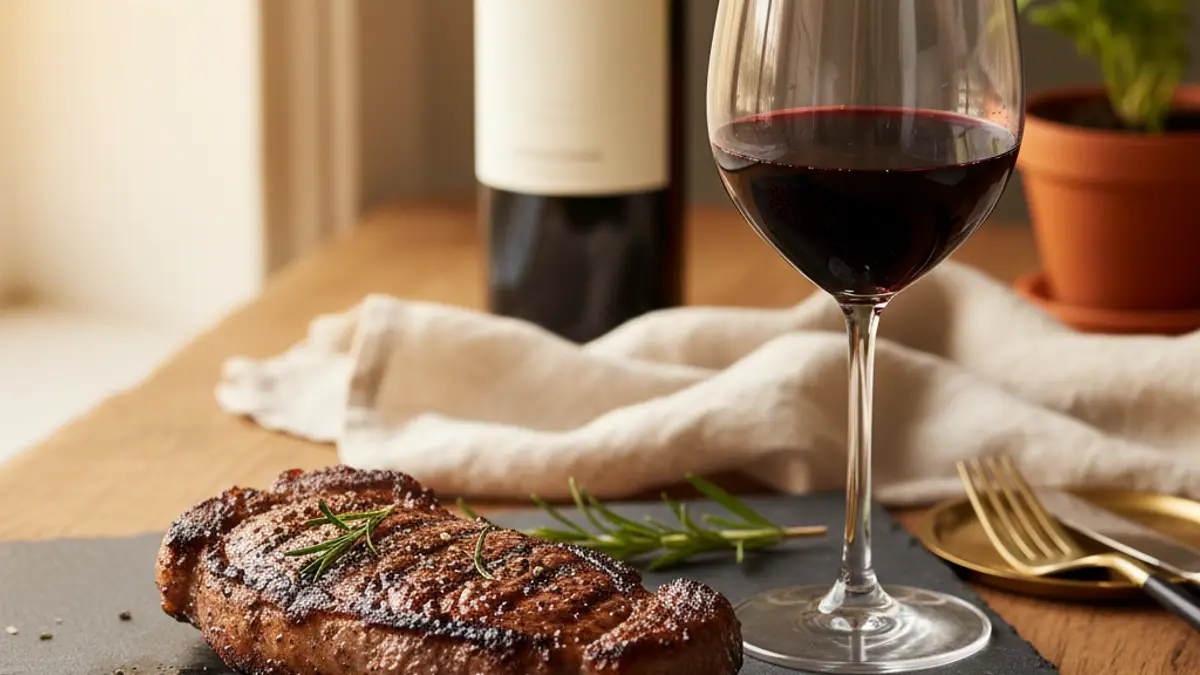 Grilled strip steak beside Cabernet Sauvignon in a Bordeaux glass