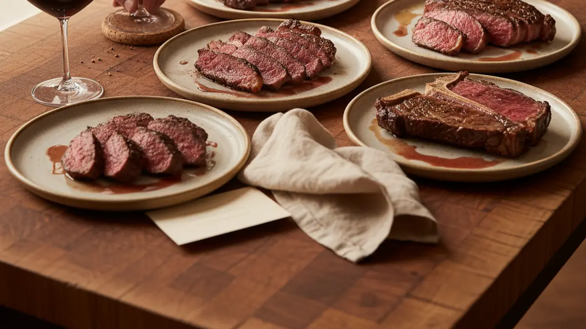 Four steak cuts arranged with different wine glasses on butcher block