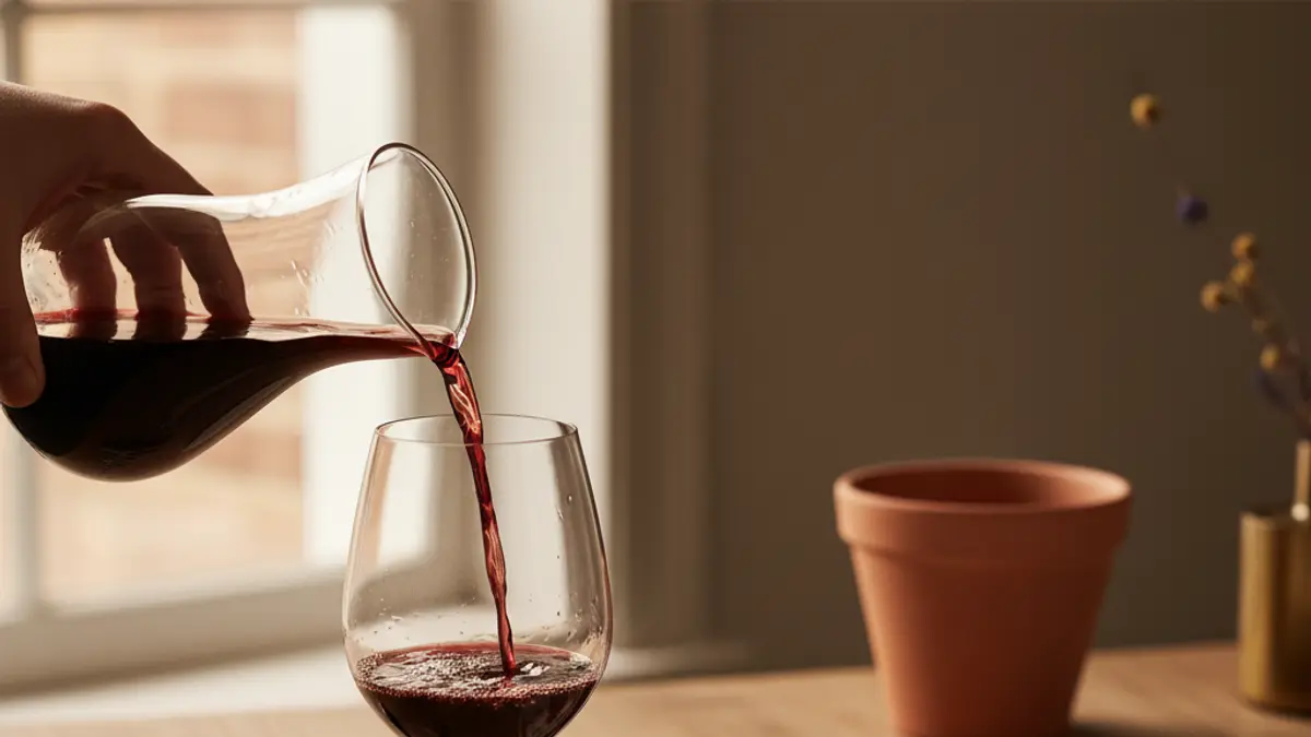 Hand pouring decanted red wine beside rested steak and corkscrew
