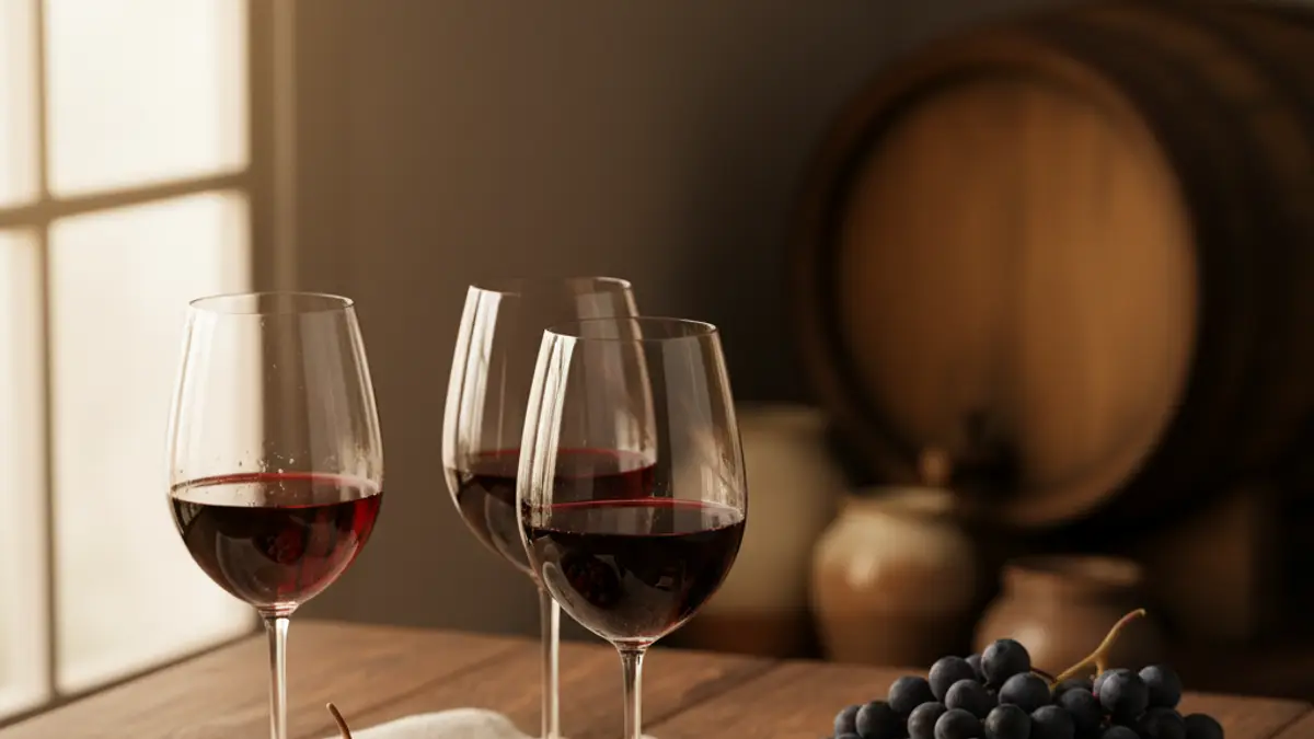 Three red wine pours sit beside Cabernet Sauvignon, Pinot Noir, and Syrah grapes