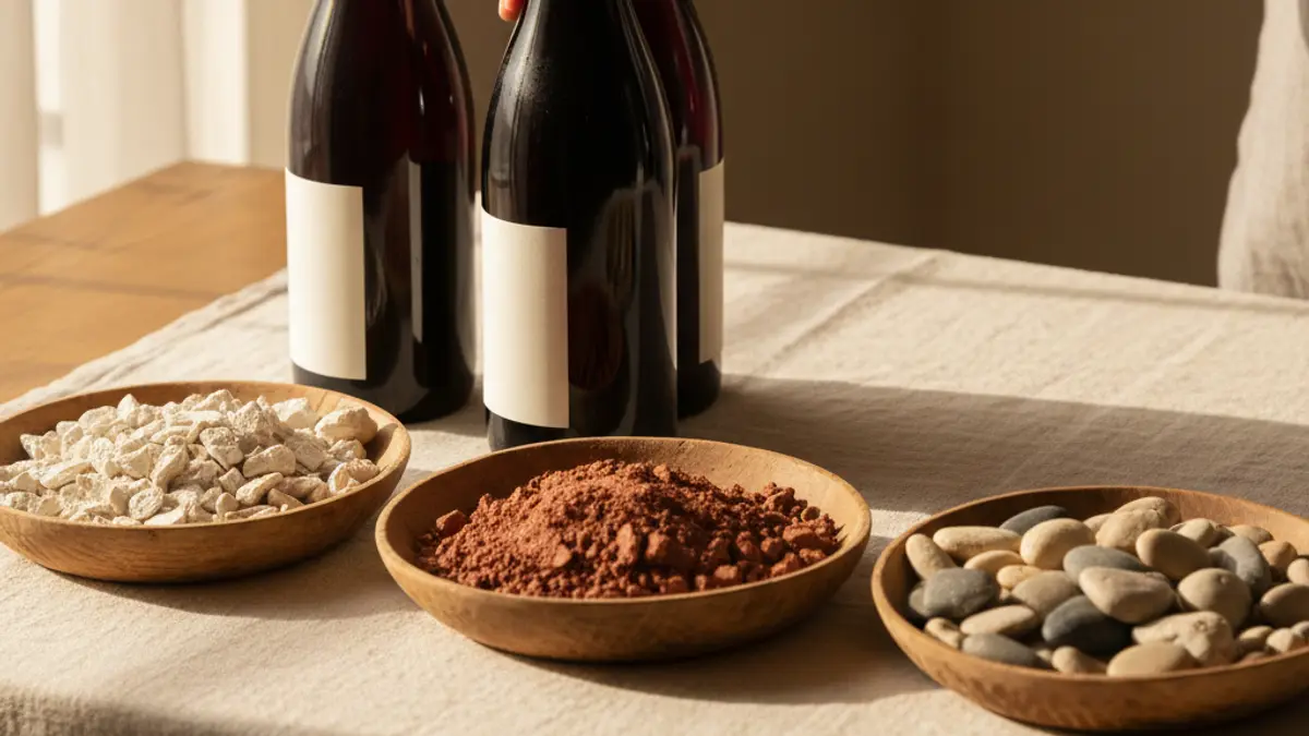 Unlabelled wine bottles sit beside limestone, red clay, and river stones