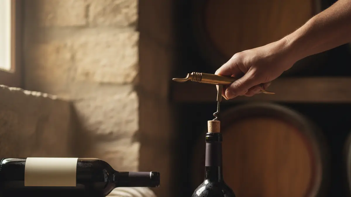 A cellar rack holds stored wine while a hand opens another bottle