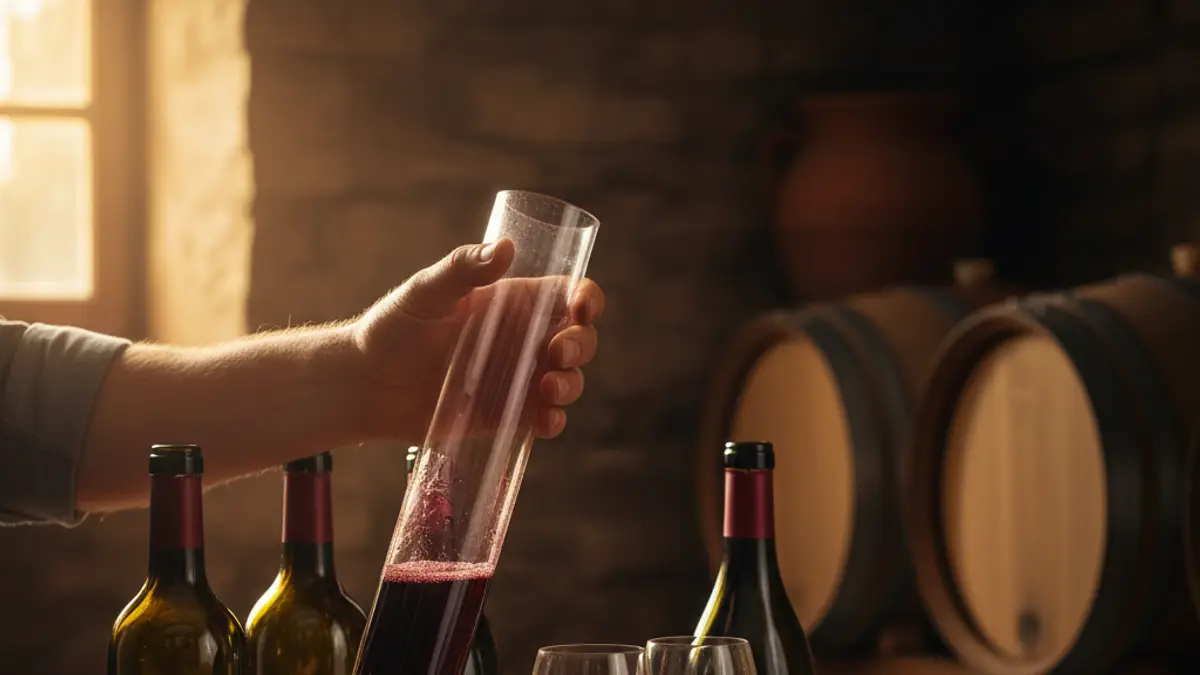 Hands blend red wine beside grape bunches, bottles, and tasting glasses