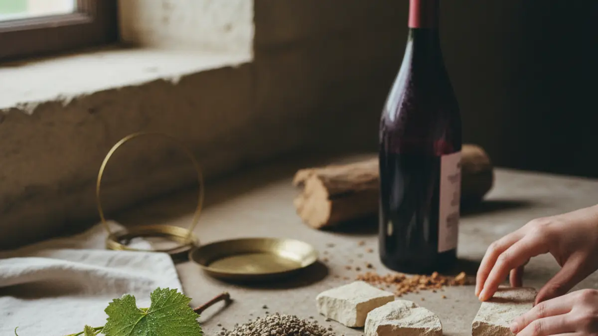 Vine cutting beside gravel, limestone, and clay on a stone table