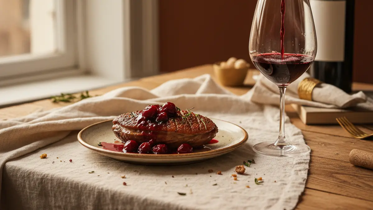 Roast duck with cherry sauce beside a Bordeaux glass as wine is poured