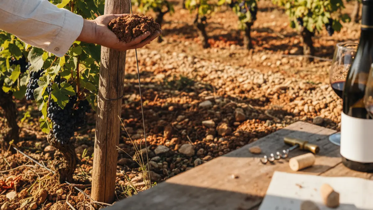 Hand lifting a soil clod beside limestone and clay in a vineyard