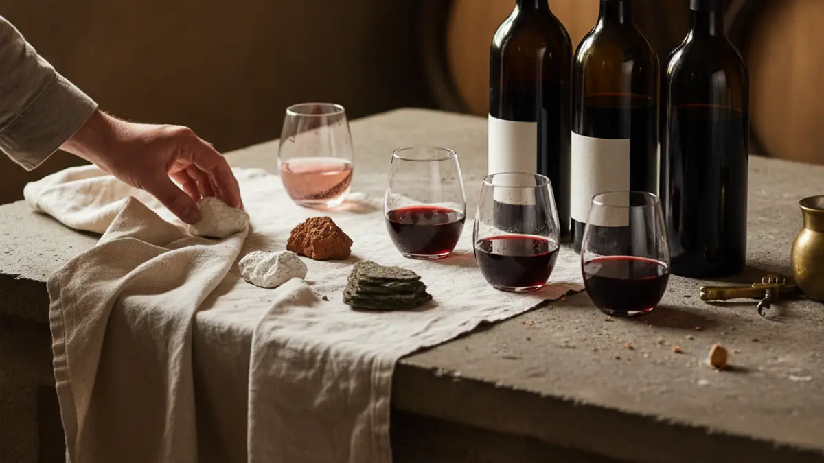 Unlabeled Burgundy bottles and regional rock samples on a cellar table