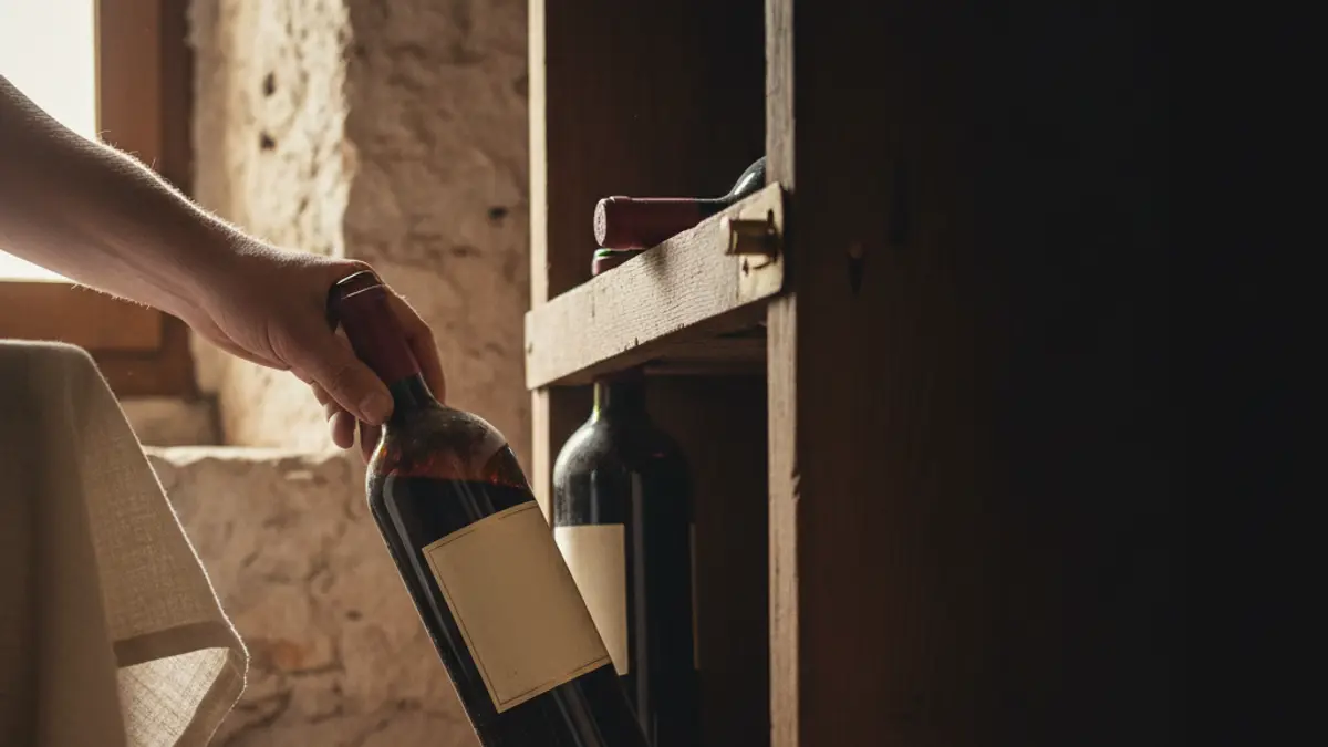 Hand removing an aging Burgundy bottle from a wooden cellar rack
