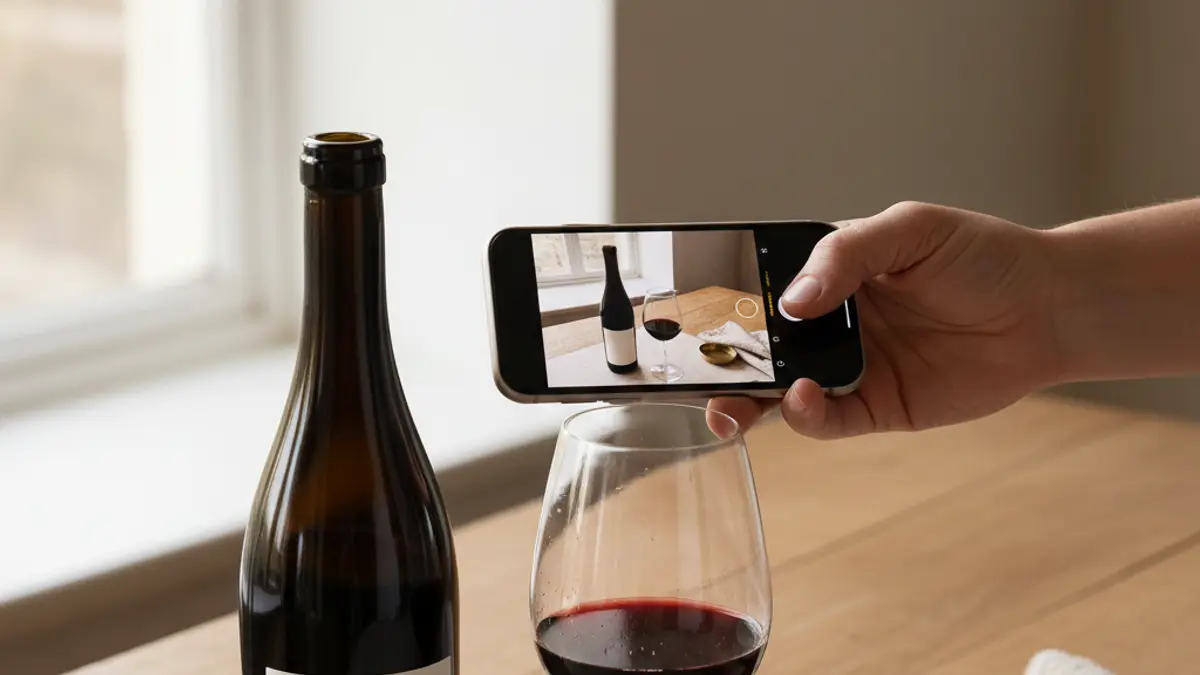 Hand scanning an unlabeled wine bottle beside a filled tasting glass