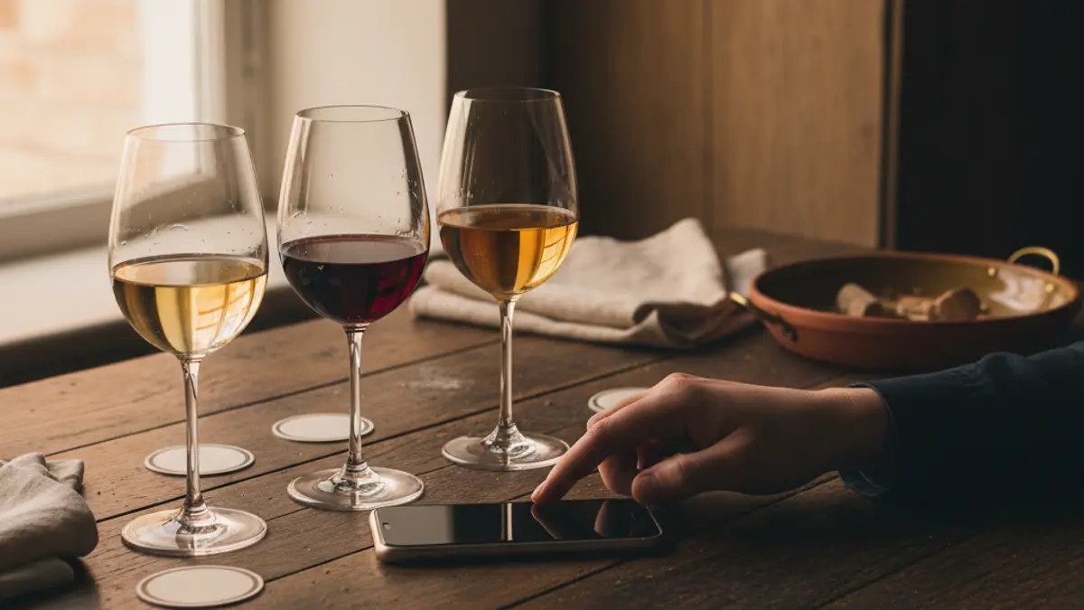 Hand using a smartphone beside three differently colored wine glasses