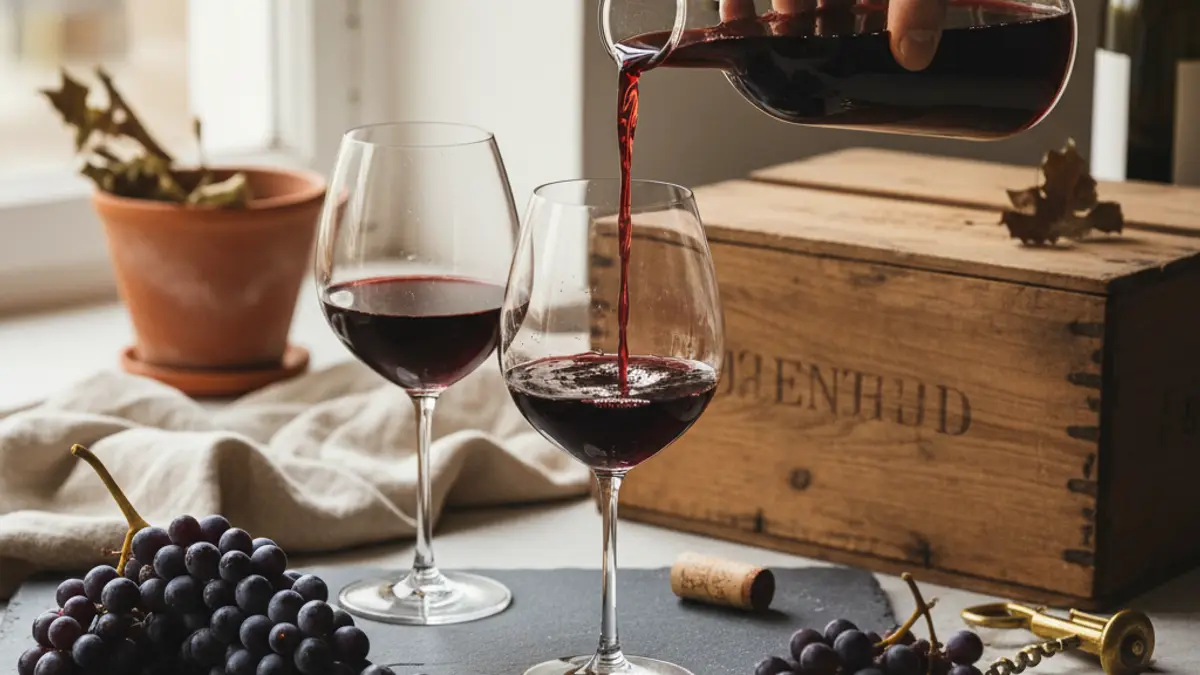Dark red grapes beside two red wine glasses as wine is poured