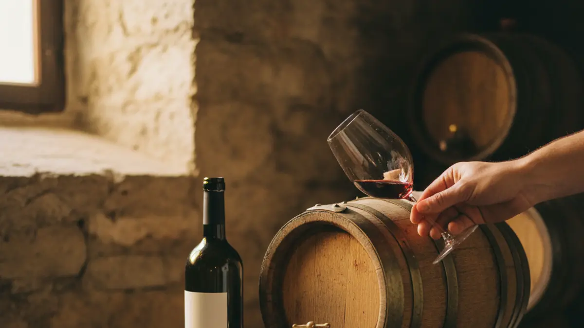 Wine drawn from an oak barrel beside an open bottle