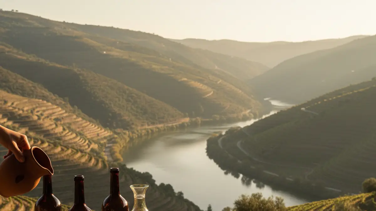 Terraced vineyards and olive trees rise above the winding Douro River