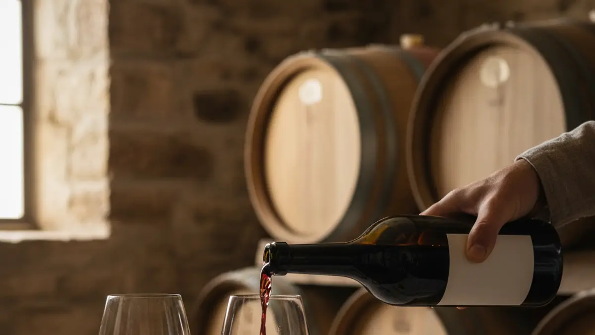 Hand pouring Port beside white wine glasses in a barrel cellar