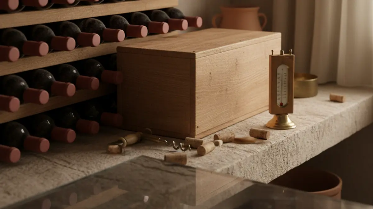 Wine bottles rest in a cellar rack beside corks and thermometer