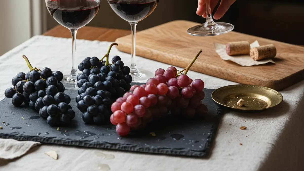 Three red wine glasses beside Cabernet, Syrah, and Malbec grape clusters