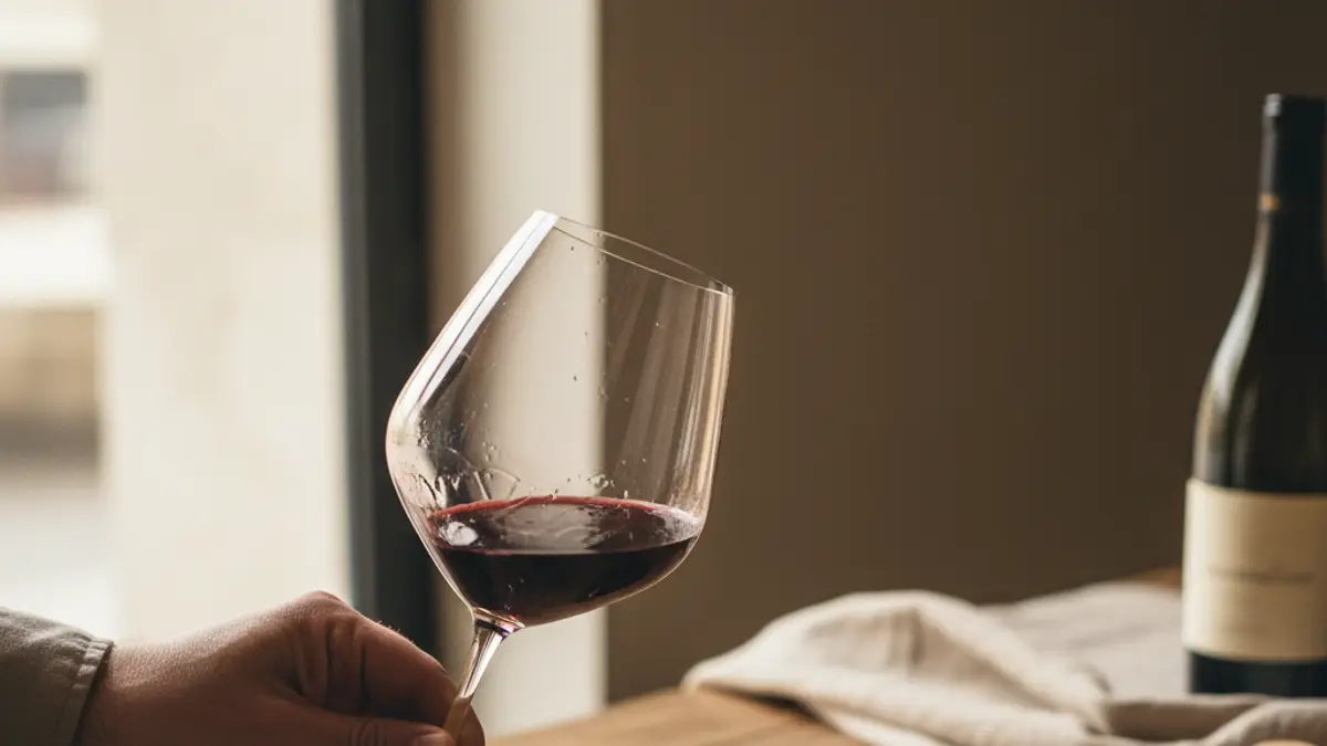 Hand swirling deep red wine beside a spittoon and water glass