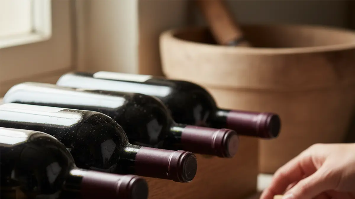 Unmarked wine bottles resting horizontally in a cool wooden cellar rack