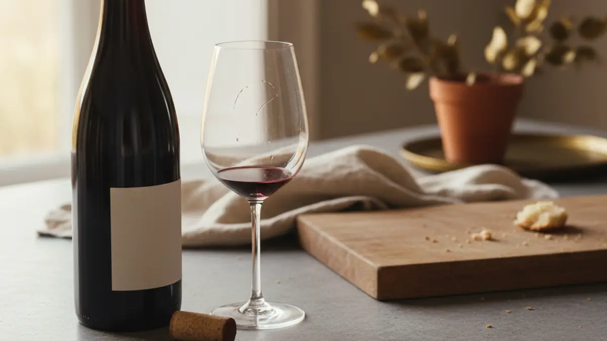 Half-full red wine bottle, removed cork, and glass on a stone counter