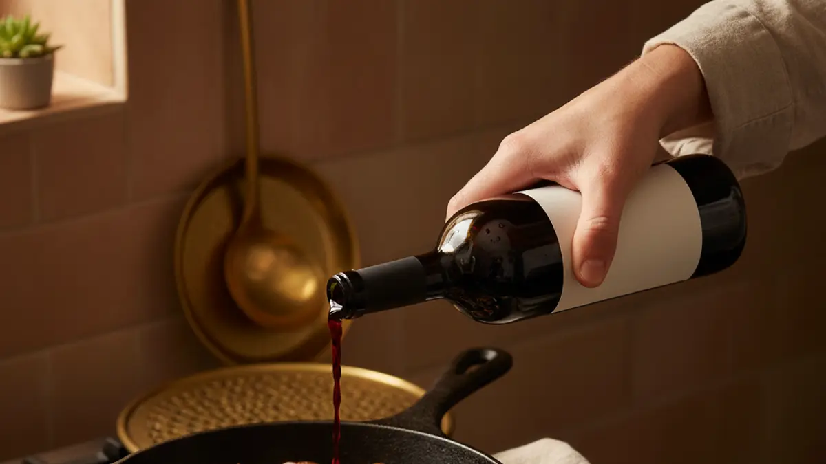 Hand pouring red wine into a sizzling mushroom skillet