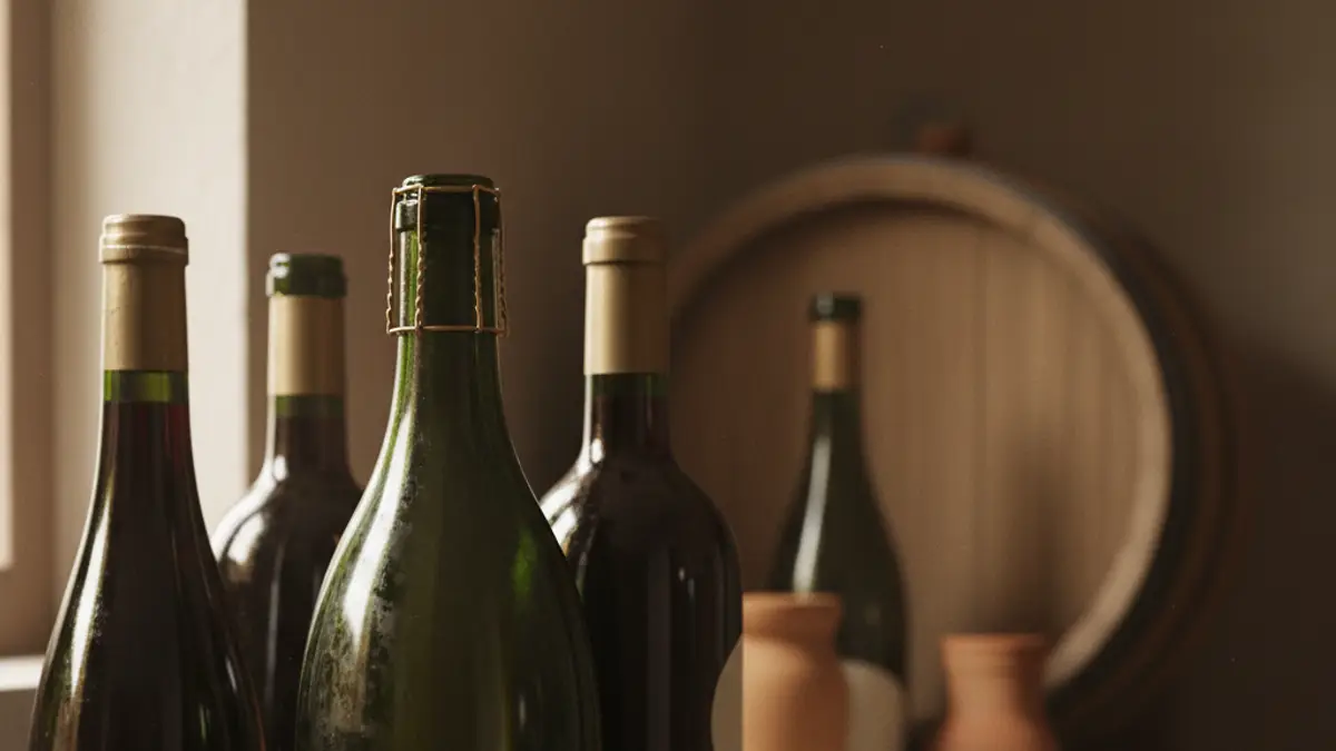 Unopened dessert, sparkling, and red wine bottles arranged on a cool cellar shelf