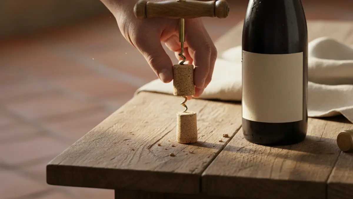 Hand removing a natural cork beside an unopened screwcap wine bottle