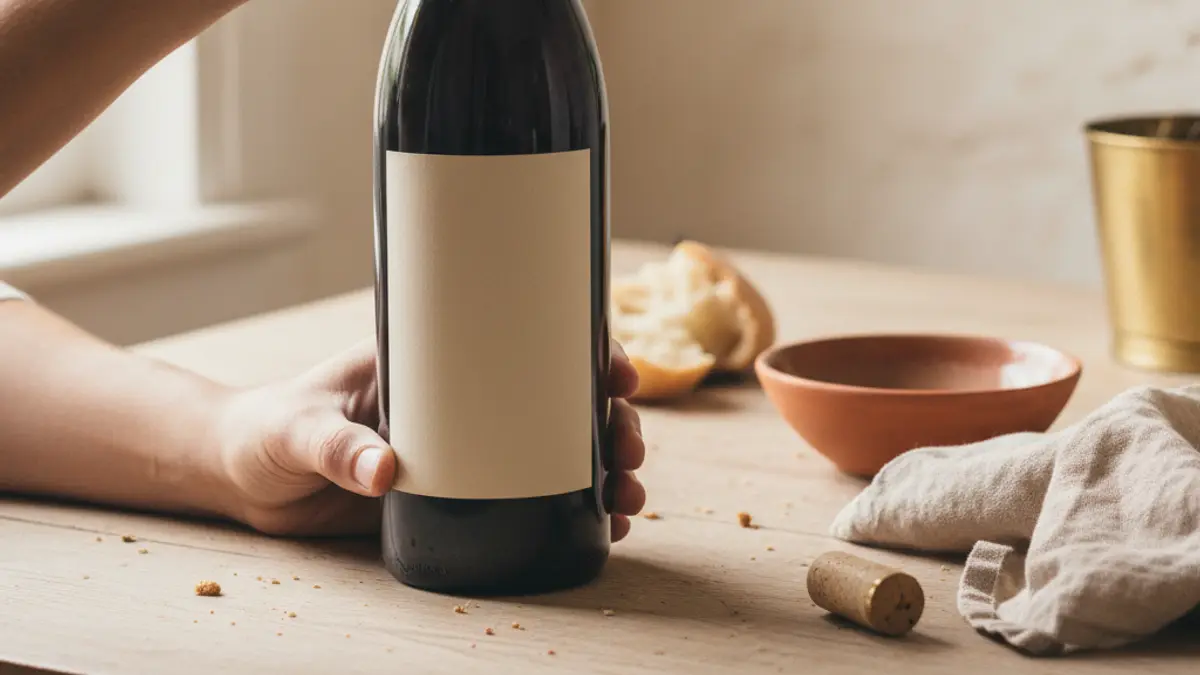 Hands photograph an upright wine bottle from several inches away on a wooden table